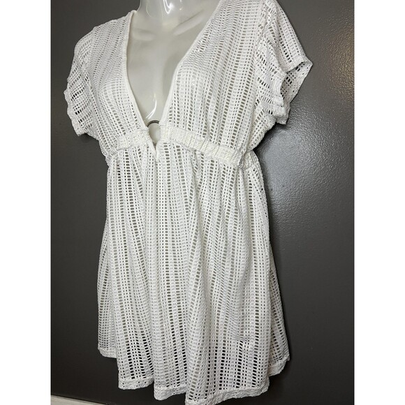 White Swimsuit Cover Up Dress Womens Large Crochet Mesh V Neck Beach Tunic - Picture 3 of 7